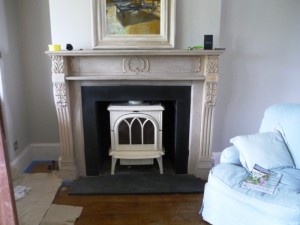 Ivory Huntingdon Stove by Stovax in hallway with new hearth and slips in slate