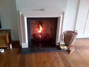 Bolection limestone fireplace with Morris basket from Chesney's