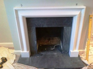 Limestone Bolection fireplace: Limestone surround completed